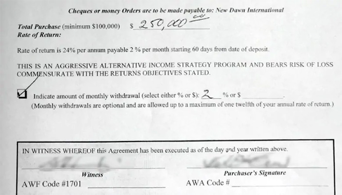 Mendal McEwan committed $250,000 in this agreement brokered by his trusted accountant. (Submitted by Diane McEwen-Loveys)